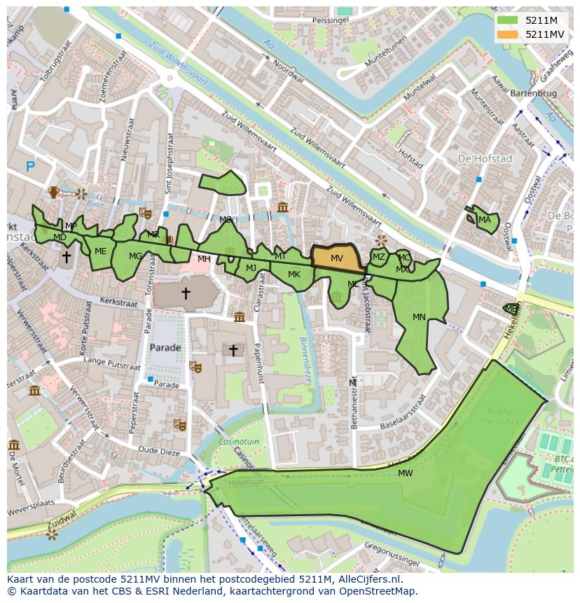 Afbeelding van het postcodegebied 5211 MV op de kaart.