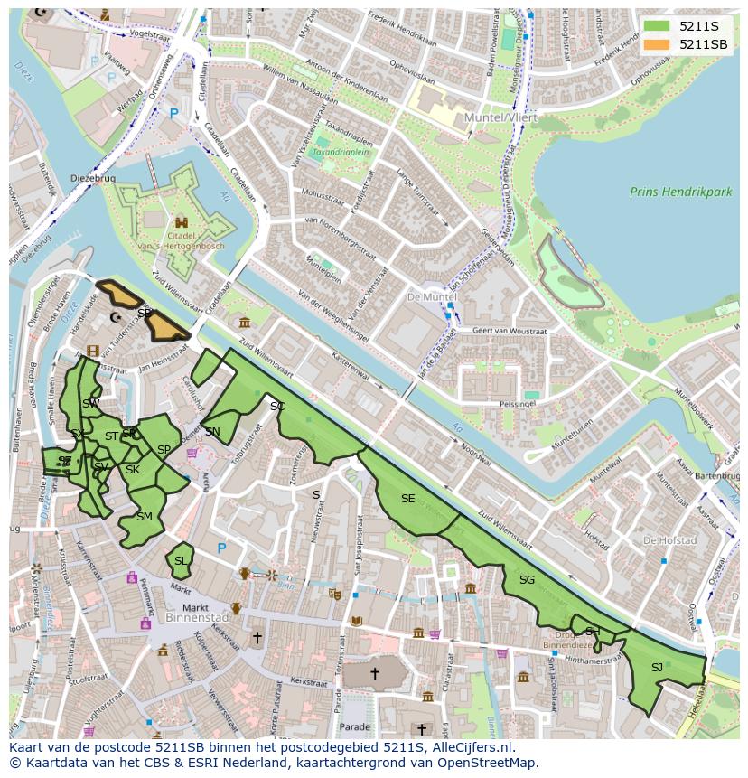 Afbeelding van het postcodegebied 5211 SB op de kaart.