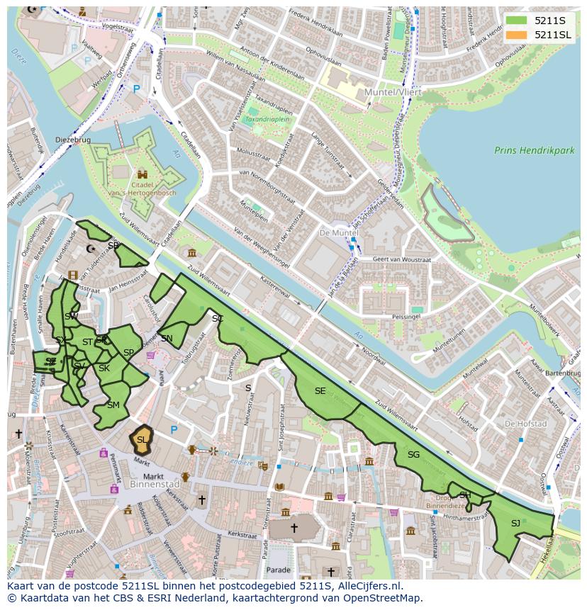 Afbeelding van het postcodegebied 5211 SL op de kaart.