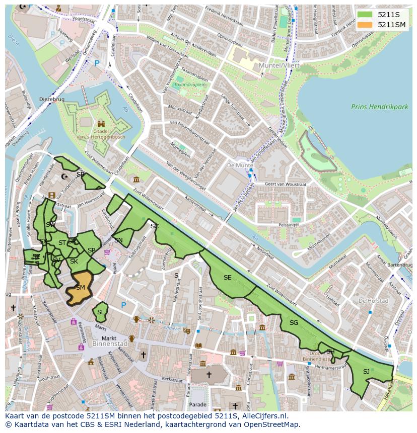 Afbeelding van het postcodegebied 5211 SM op de kaart.