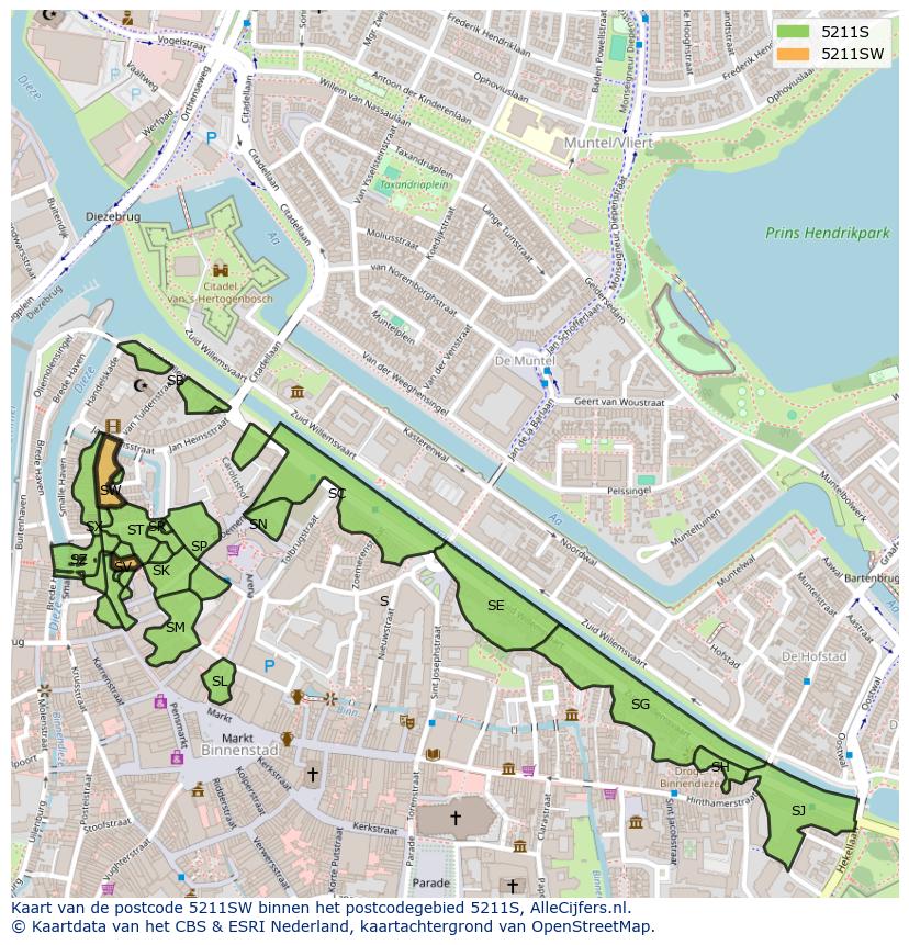 Afbeelding van het postcodegebied 5211 SW op de kaart.