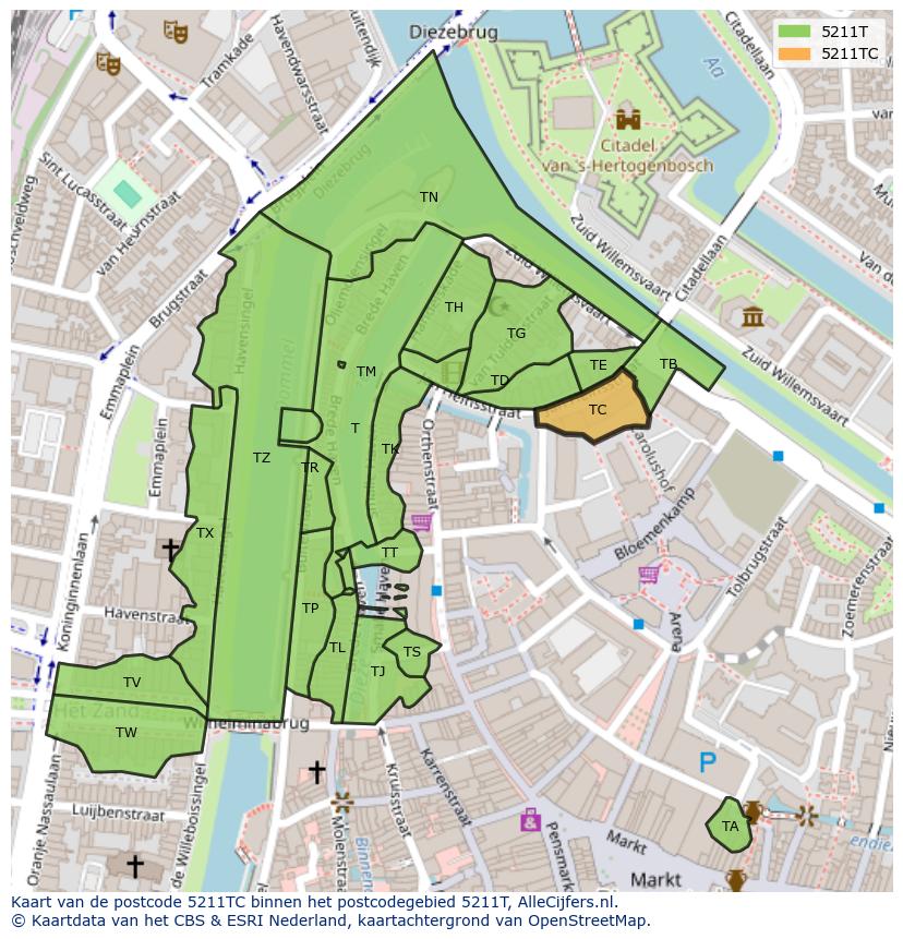 Afbeelding van het postcodegebied 5211 TC op de kaart.