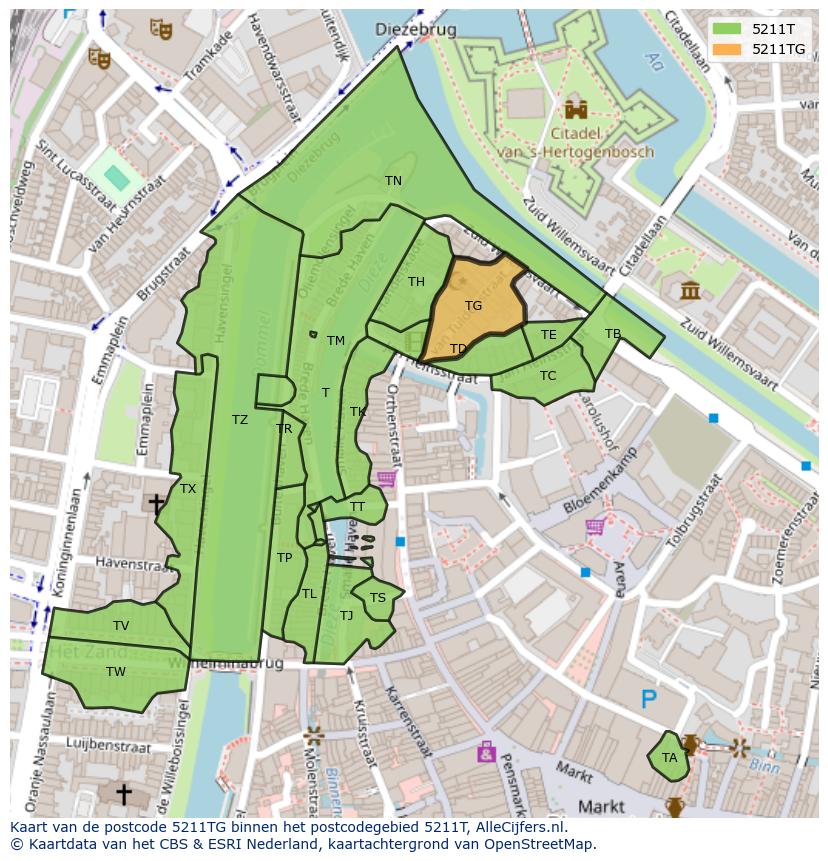 Afbeelding van het postcodegebied 5211 TG op de kaart.