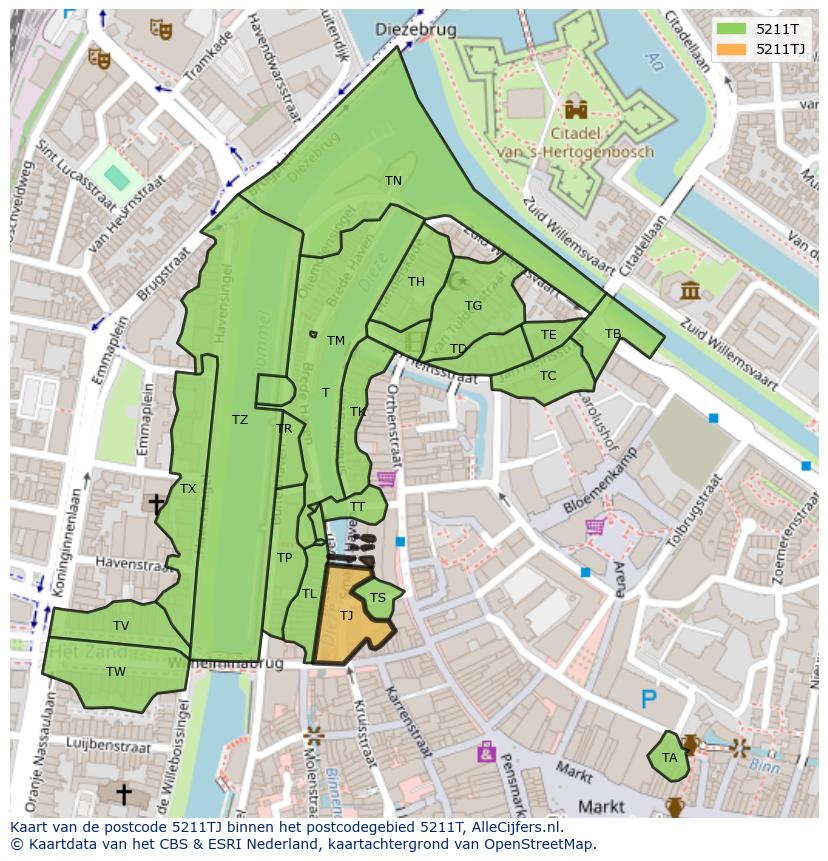 Afbeelding van het postcodegebied 5211 TJ op de kaart.