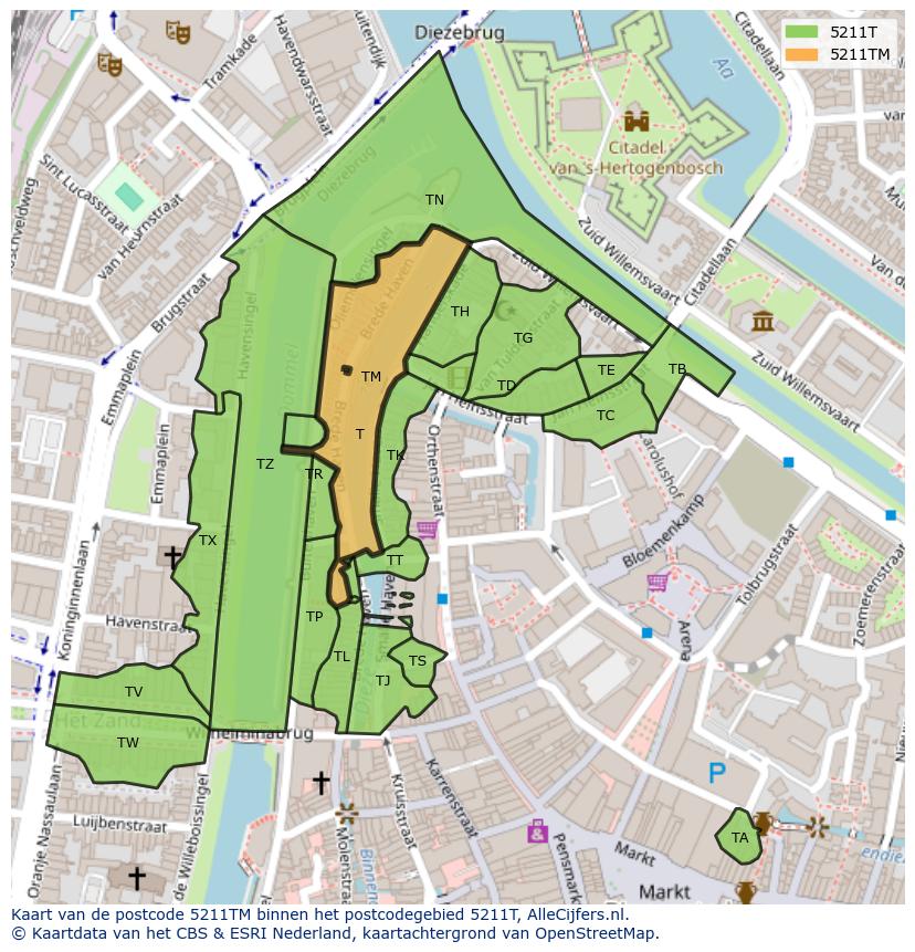 Afbeelding van het postcodegebied 5211 TM op de kaart.