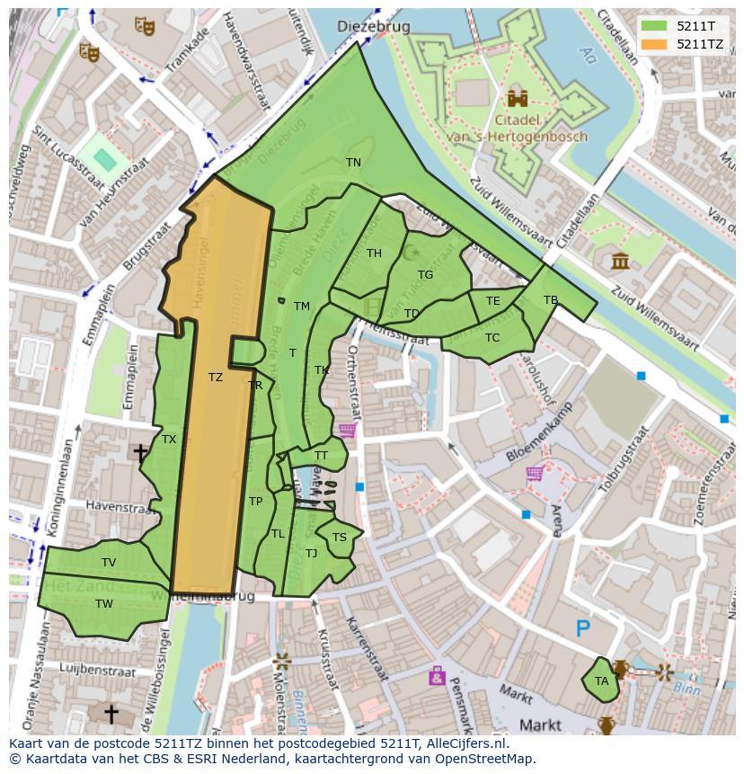 Afbeelding van het postcodegebied 5211 TZ op de kaart.