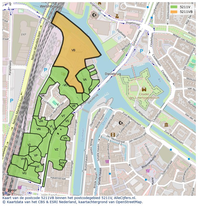 Afbeelding van het postcodegebied 5211 VB op de kaart.