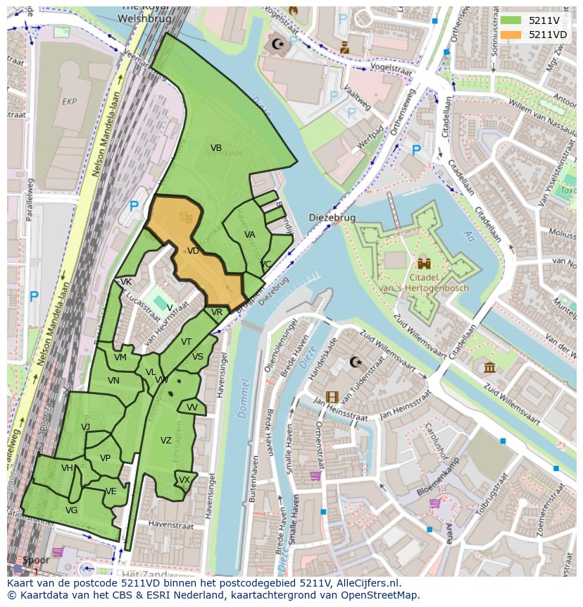 Afbeelding van het postcodegebied 5211 VD op de kaart.