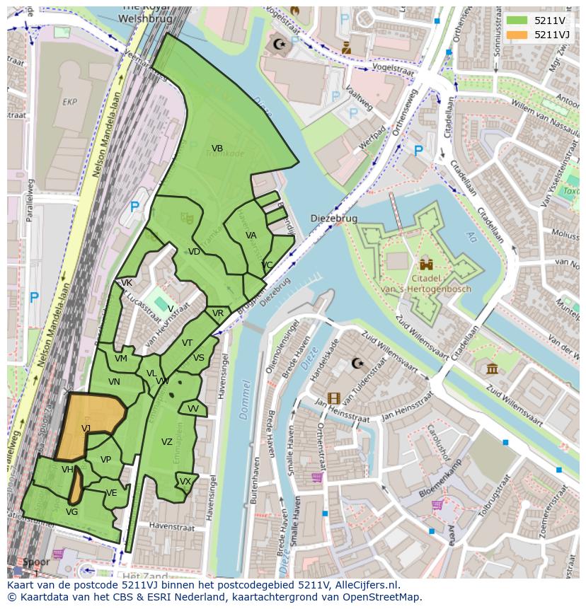 Afbeelding van het postcodegebied 5211 VJ op de kaart.