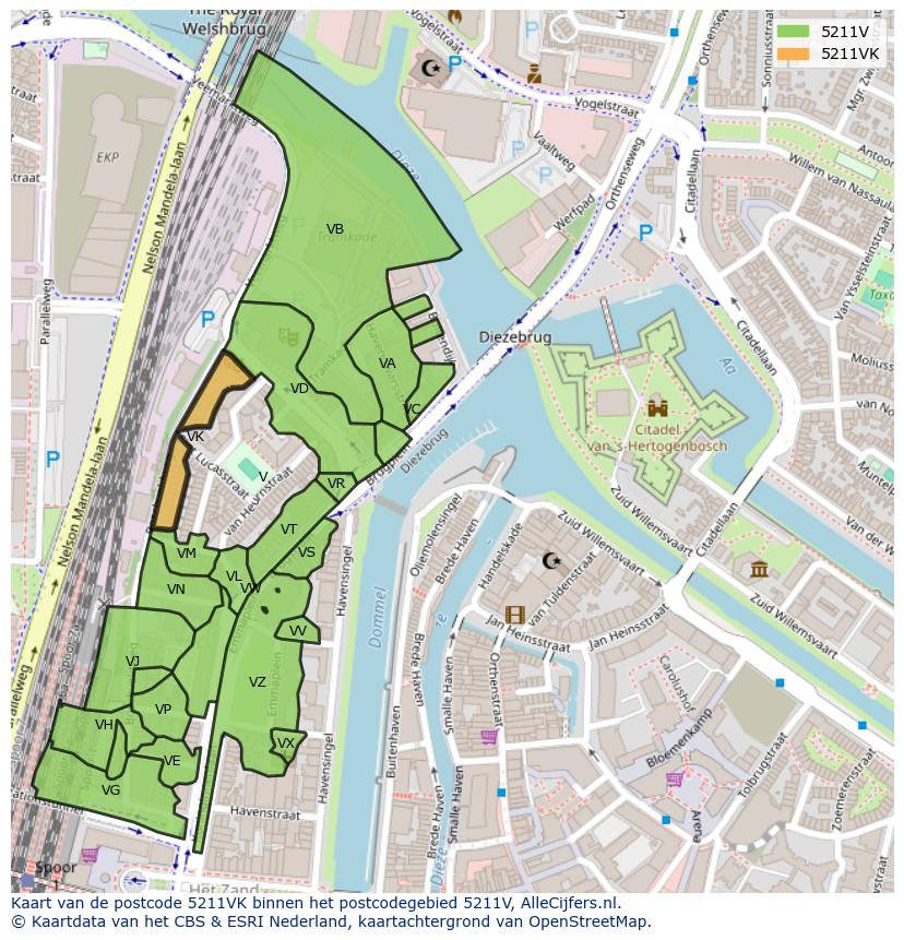 Afbeelding van het postcodegebied 5211 VK op de kaart.