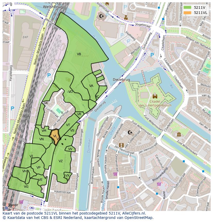 Afbeelding van het postcodegebied 5211 VL op de kaart.