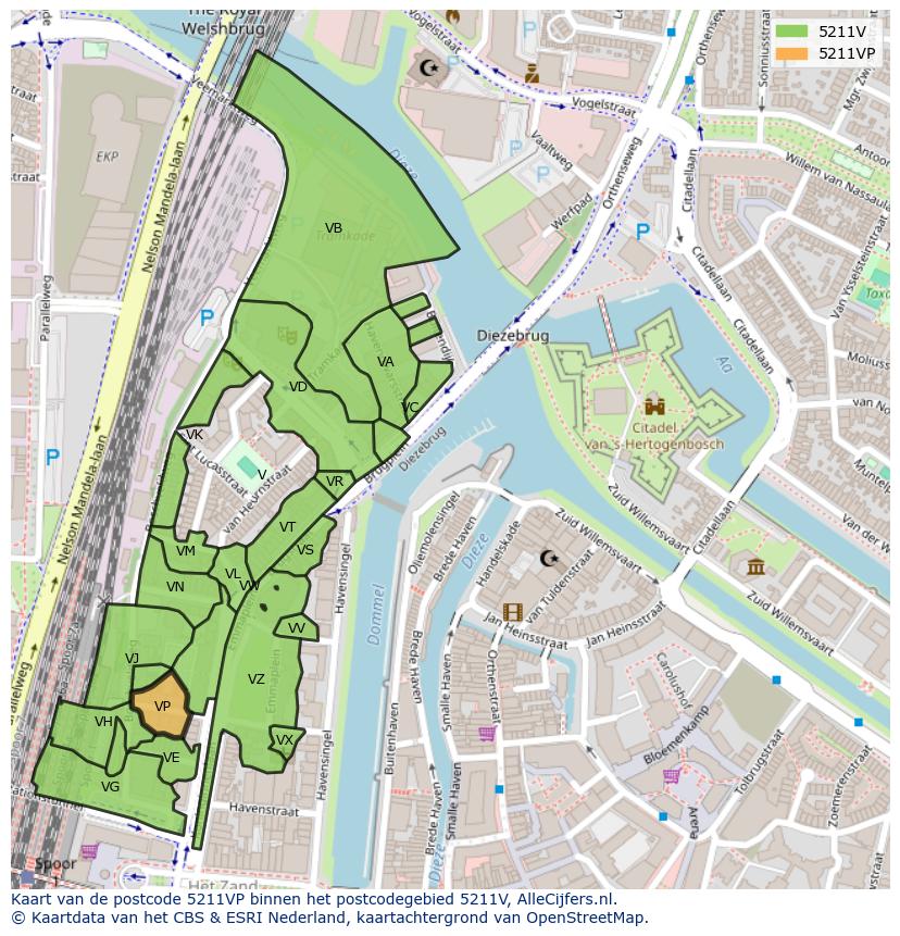 Afbeelding van het postcodegebied 5211 VP op de kaart.
