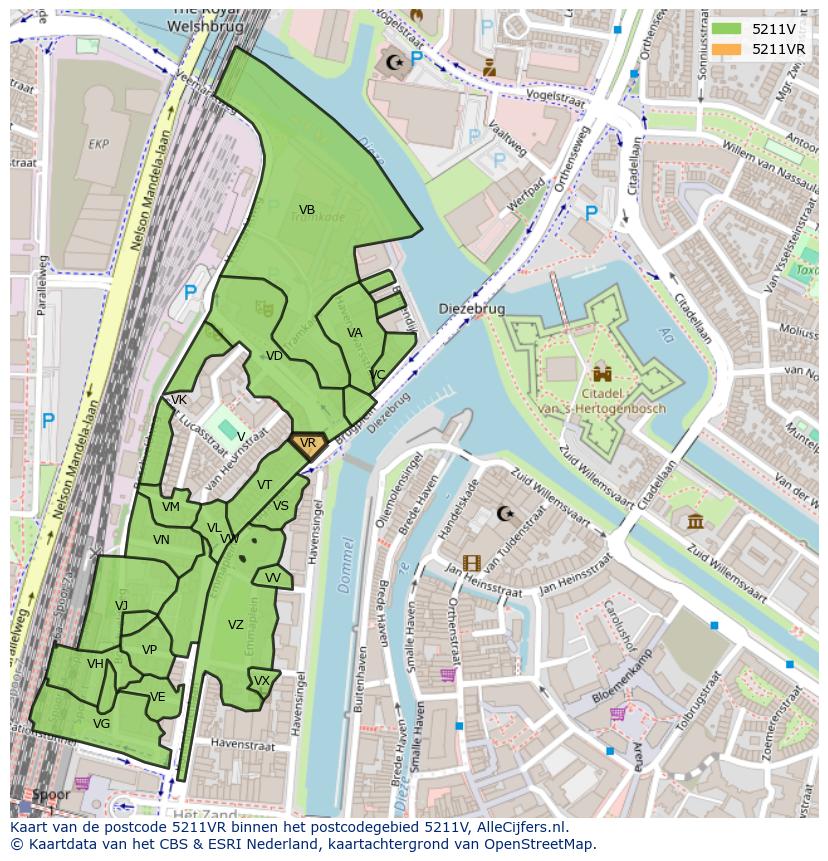 Afbeelding van het postcodegebied 5211 VR op de kaart.