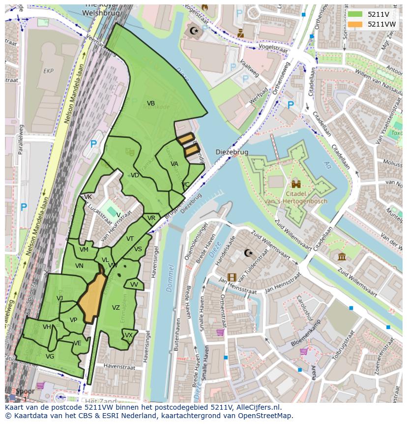Afbeelding van het postcodegebied 5211 VW op de kaart.