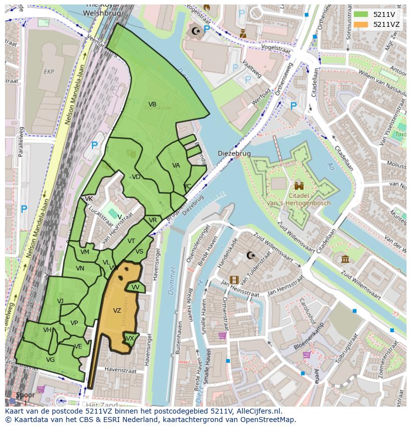 Afbeelding van het postcodegebied 5211 VZ op de kaart.