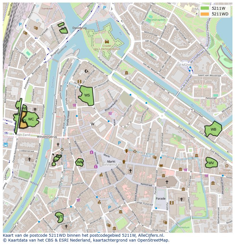 Afbeelding van het postcodegebied 5211 WD op de kaart.