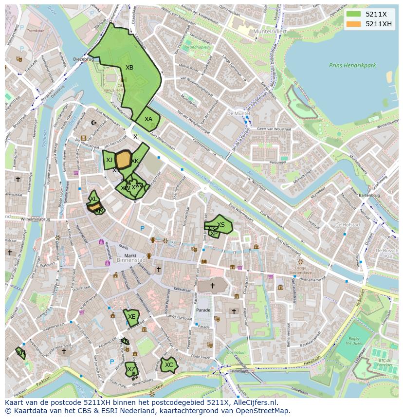 Afbeelding van het postcodegebied 5211 XH op de kaart.