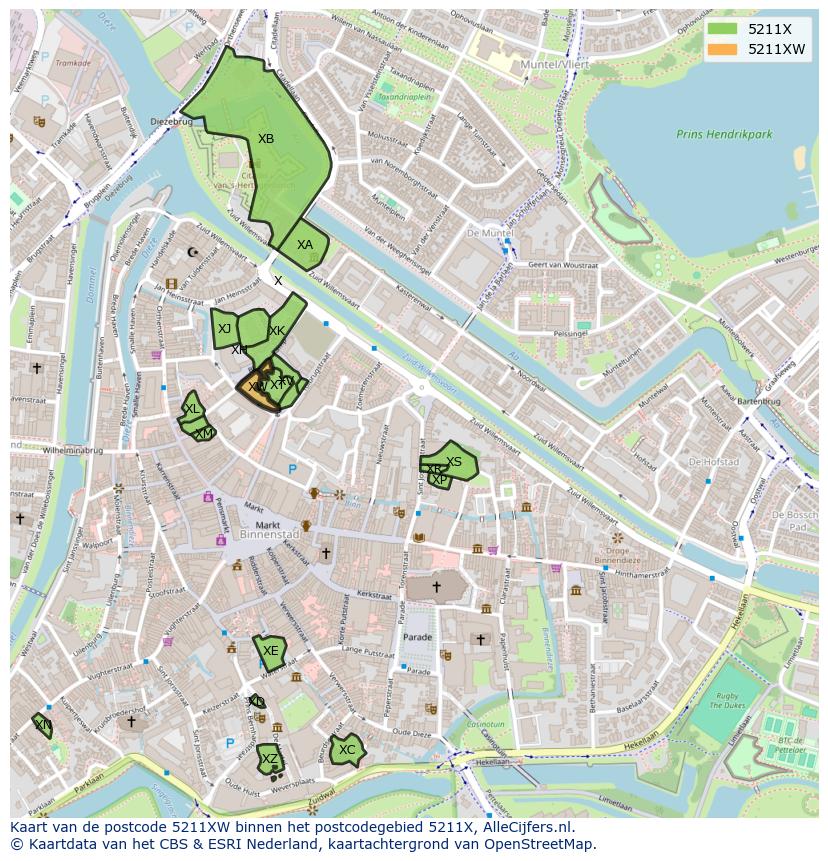 Afbeelding van het postcodegebied 5211 XW op de kaart.