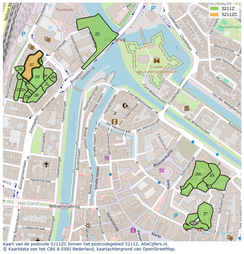 Afbeelding van het postcodegebied 5211 ZC op de kaart.