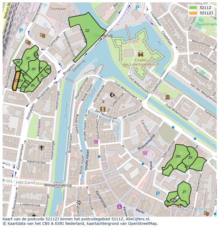Afbeelding van het postcodegebied 5211 ZJ op de kaart.