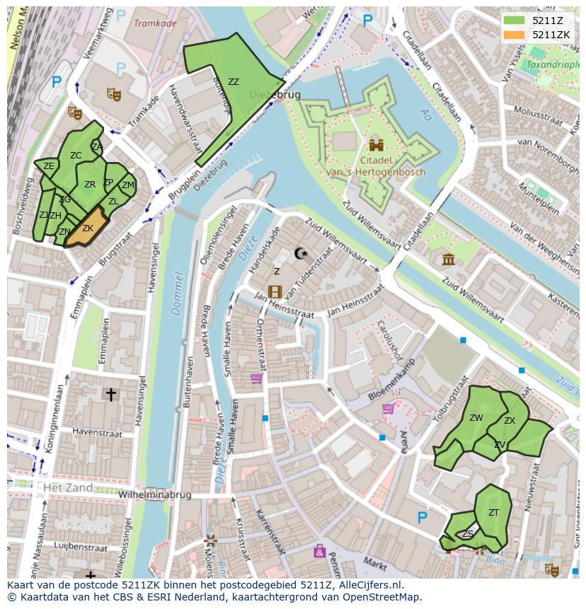 Afbeelding van het postcodegebied 5211 ZK op de kaart.