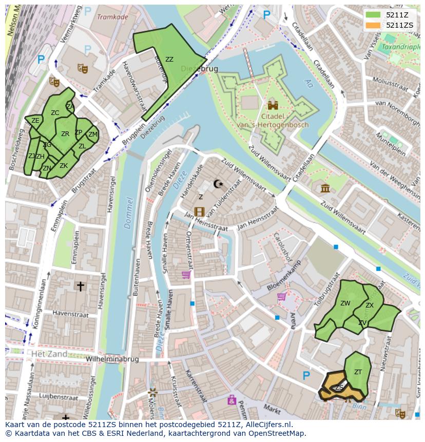 Afbeelding van het postcodegebied 5211 ZS op de kaart.