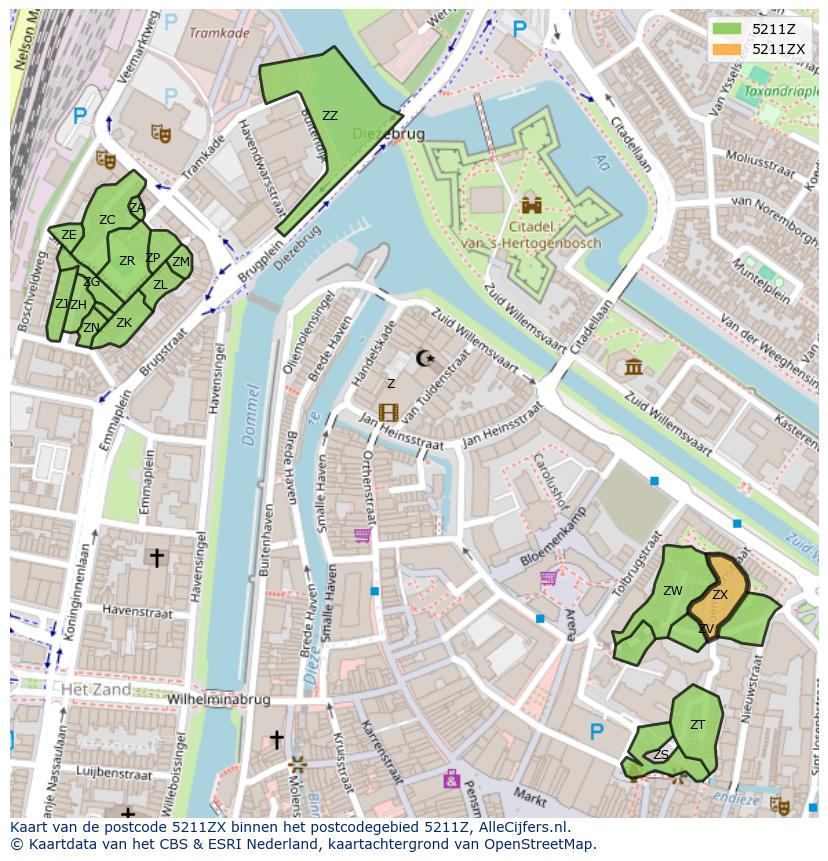 Afbeelding van het postcodegebied 5211 ZX op de kaart.