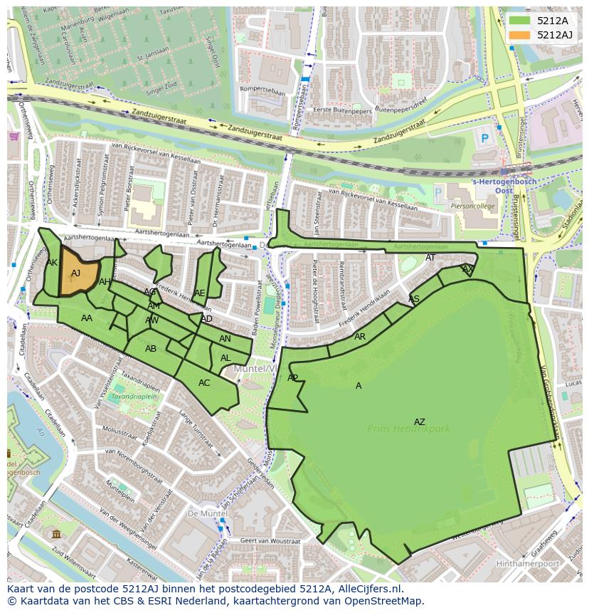 Afbeelding van het postcodegebied 5212 AJ op de kaart.