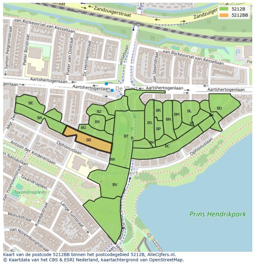 Afbeelding van het postcodegebied 5212 BB op de kaart.
