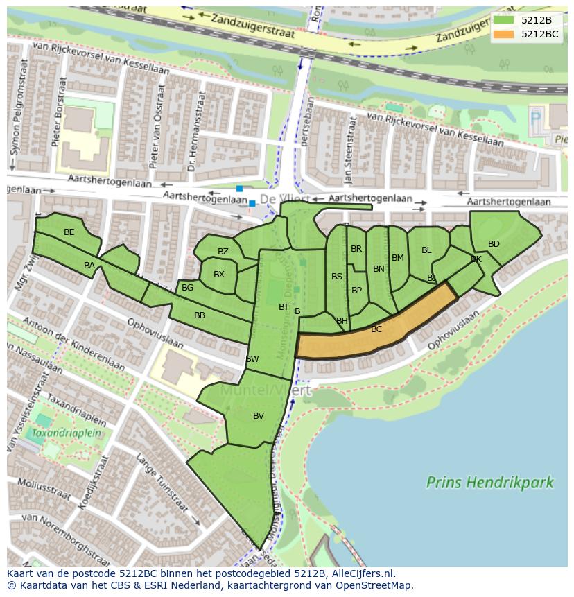 Afbeelding van het postcodegebied 5212 BC op de kaart.