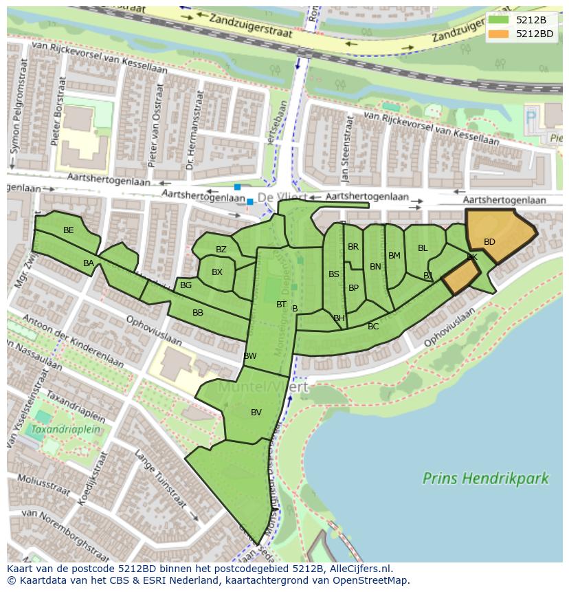 Afbeelding van het postcodegebied 5212 BD op de kaart.