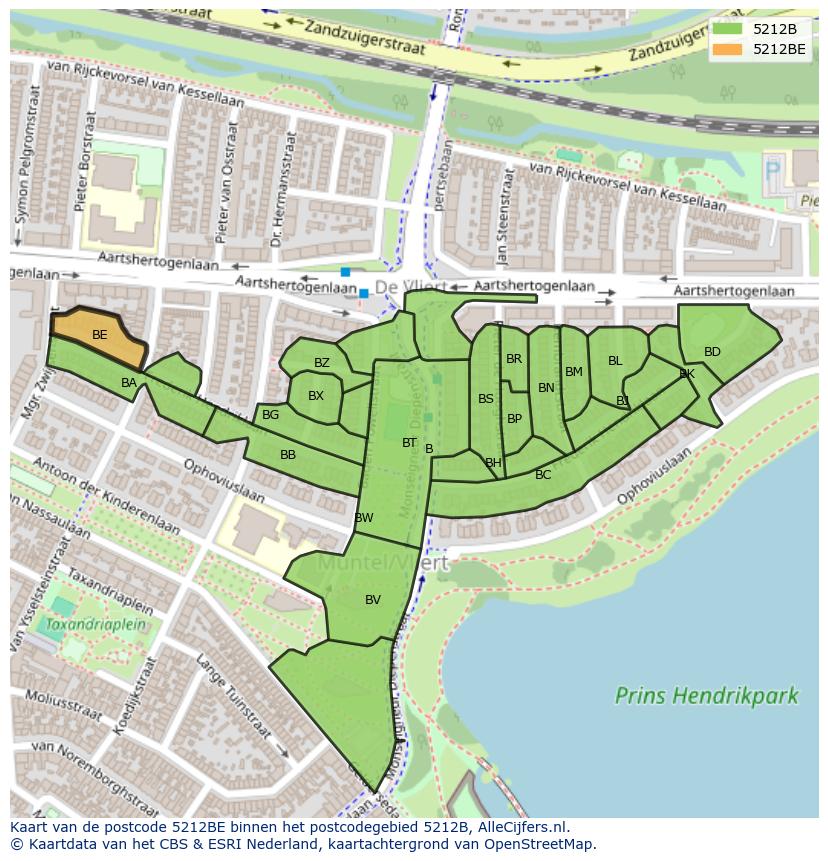Afbeelding van het postcodegebied 5212 BE op de kaart.