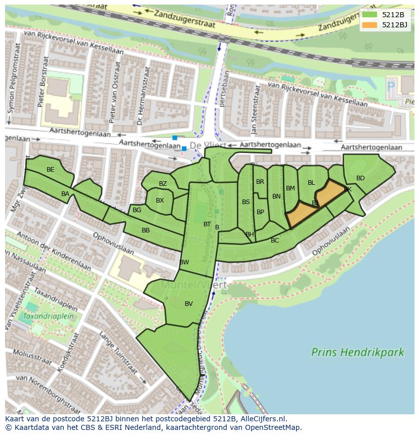 Afbeelding van het postcodegebied 5212 BJ op de kaart.