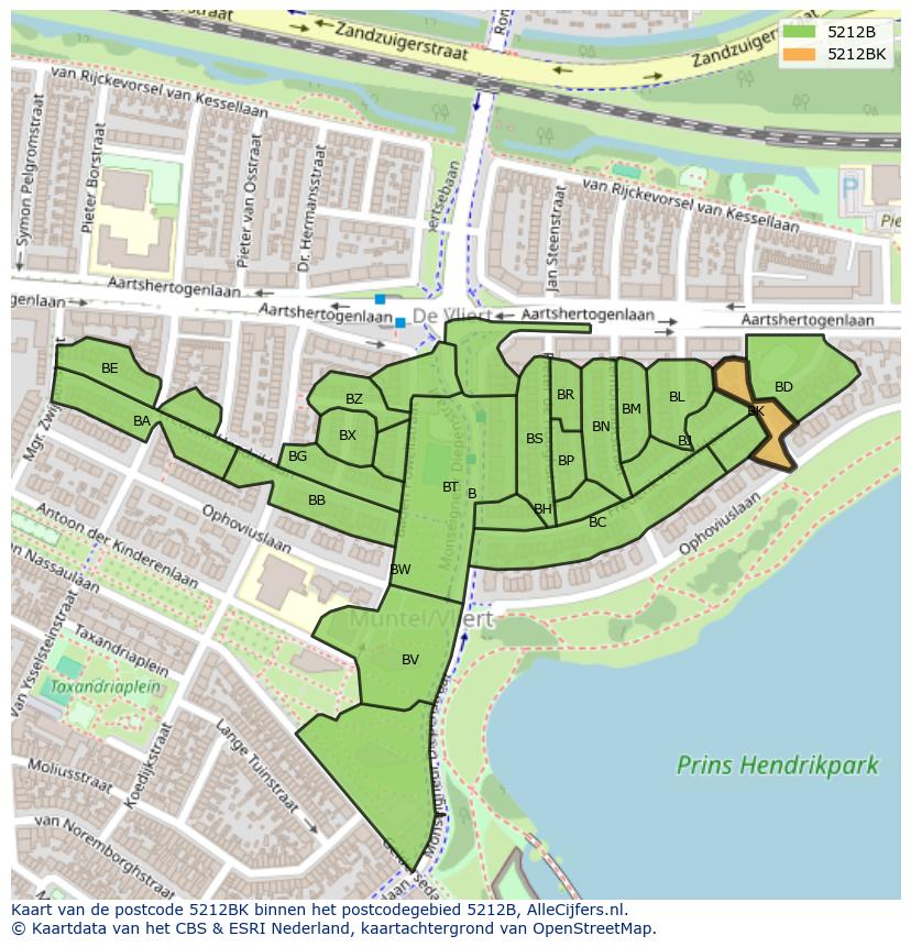 Afbeelding van het postcodegebied 5212 BK op de kaart.