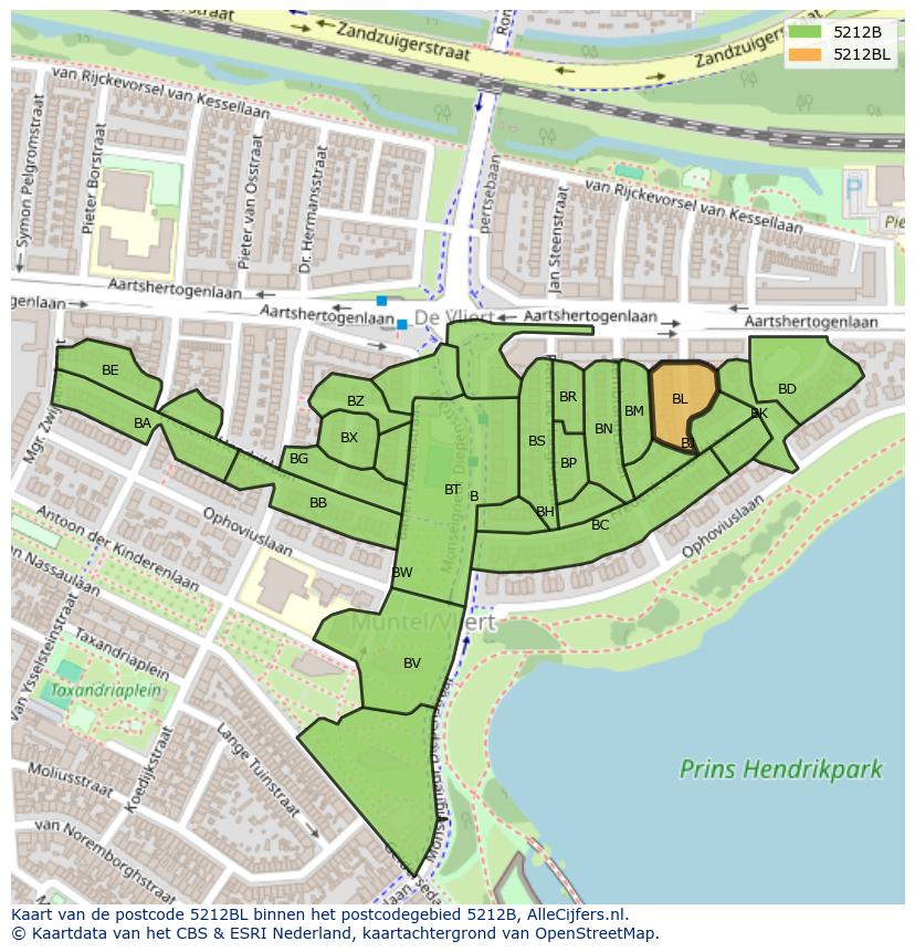 Afbeelding van het postcodegebied 5212 BL op de kaart.