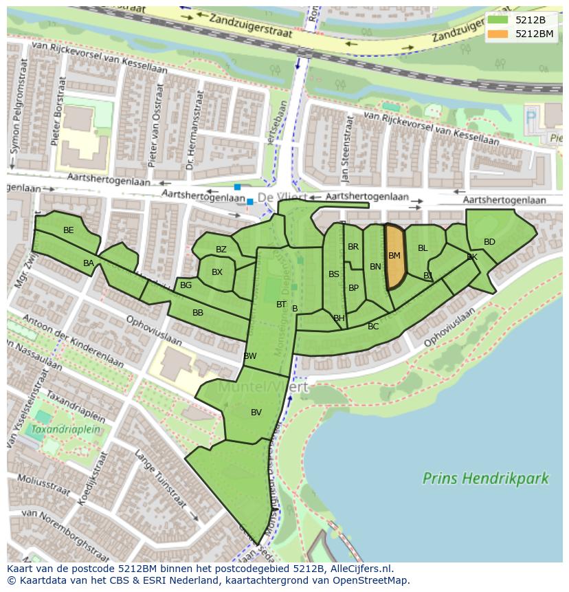 Afbeelding van het postcodegebied 5212 BM op de kaart.