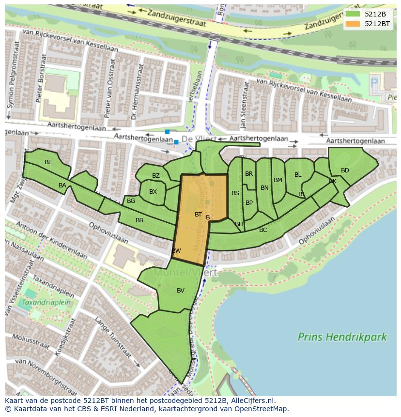 Afbeelding van het postcodegebied 5212 BT op de kaart.