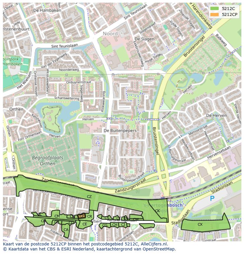 Afbeelding van het postcodegebied 5212 CP op de kaart.