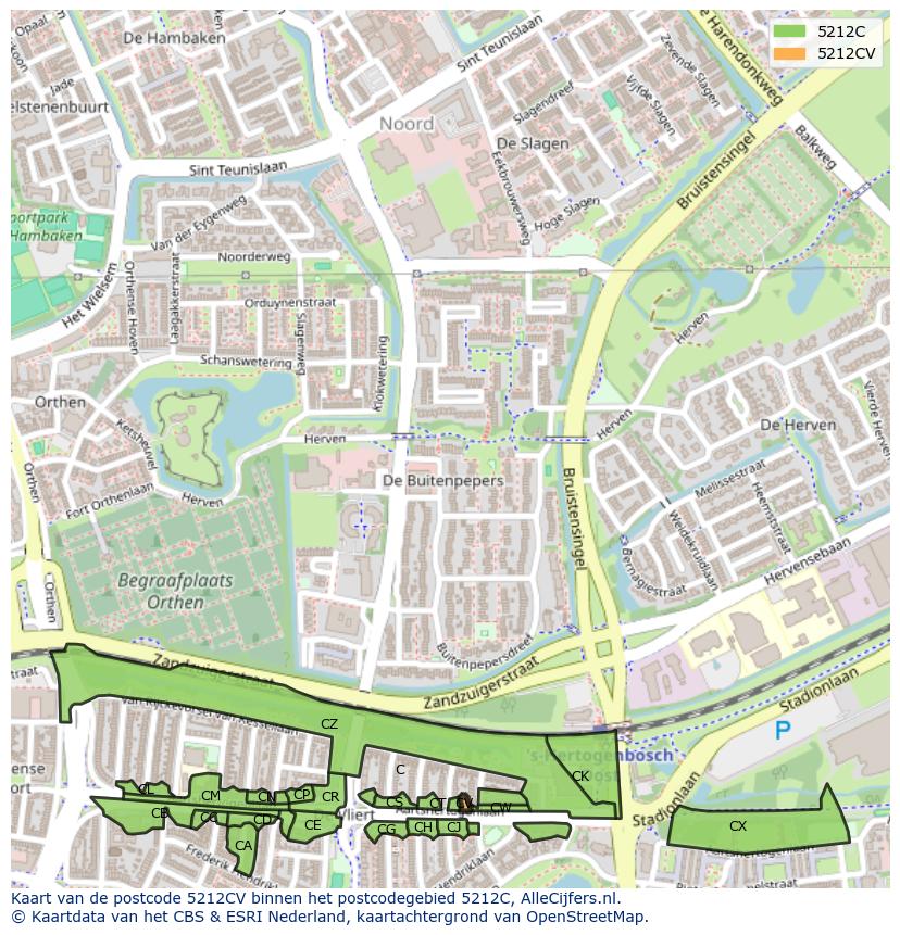 Afbeelding van het postcodegebied 5212 CV op de kaart.