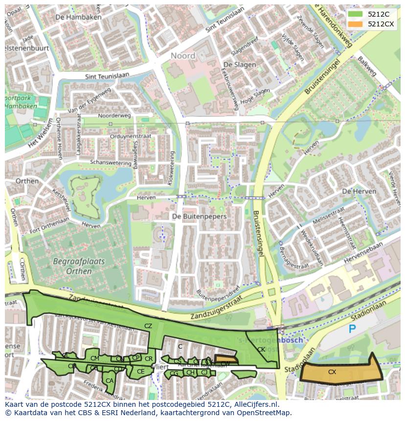 Afbeelding van het postcodegebied 5212 CX op de kaart.