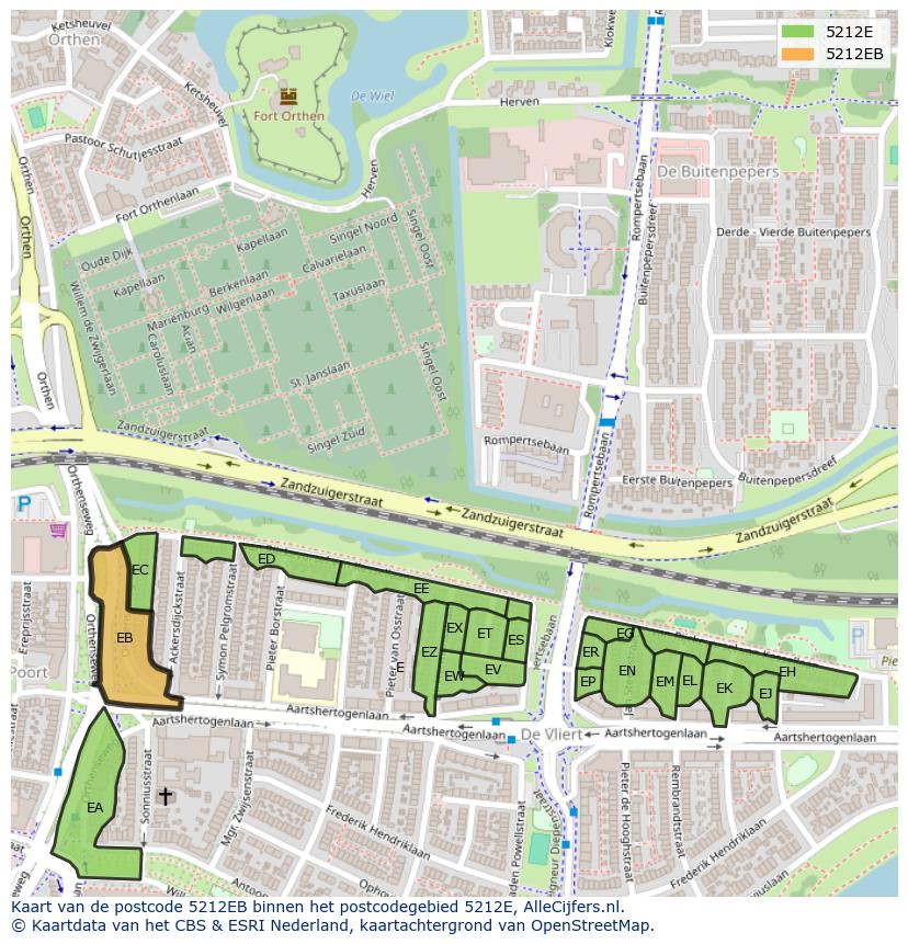 Afbeelding van het postcodegebied 5212 EB op de kaart.