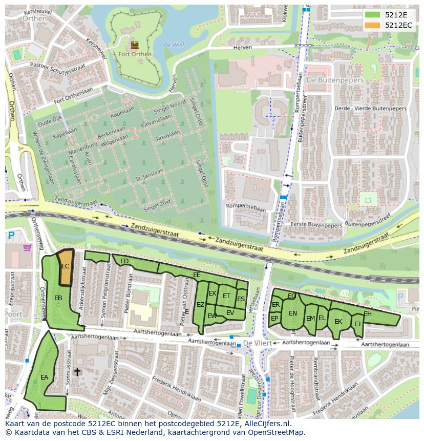 Afbeelding van het postcodegebied 5212 EC op de kaart.