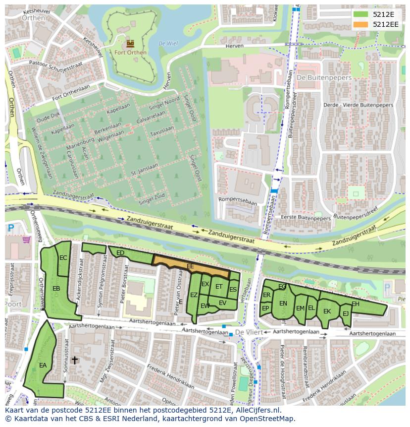 Afbeelding van het postcodegebied 5212 EE op de kaart.