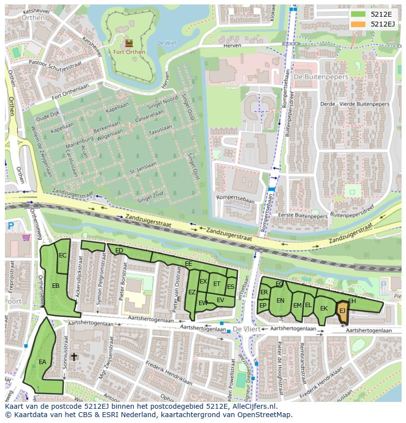Afbeelding van het postcodegebied 5212 EJ op de kaart.