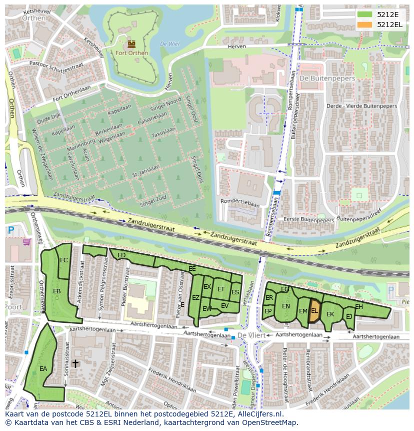 Afbeelding van het postcodegebied 5212 EL op de kaart.