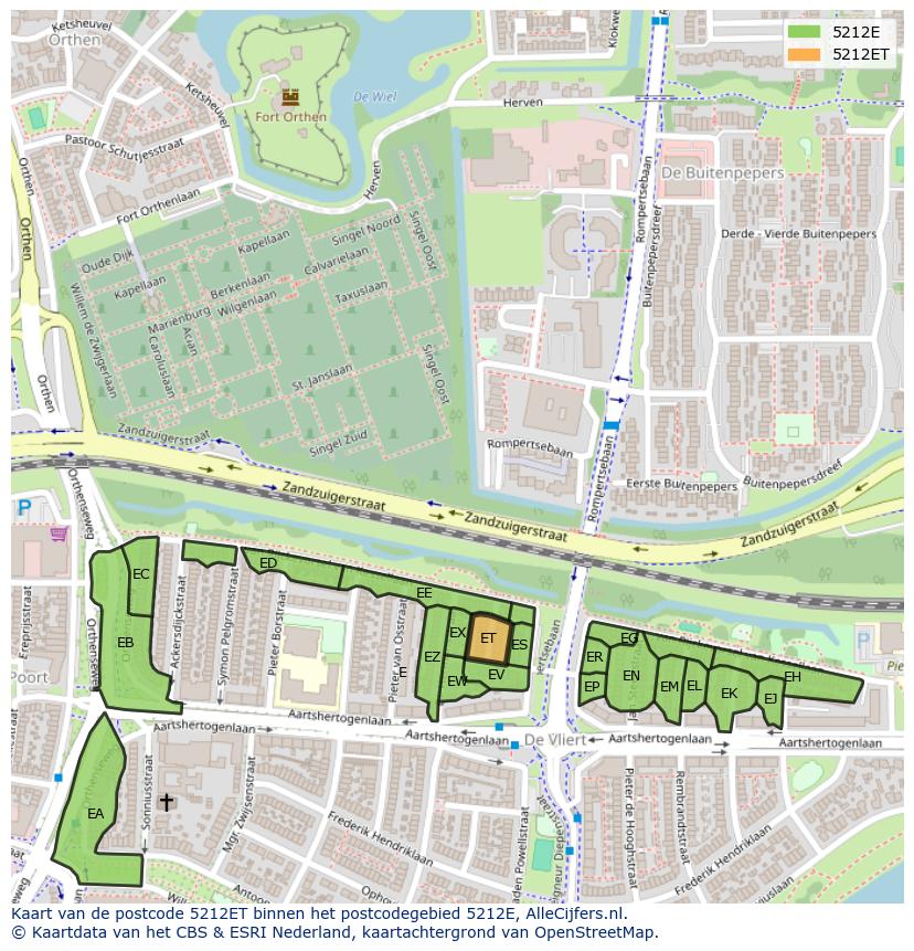 Afbeelding van het postcodegebied 5212 ET op de kaart.