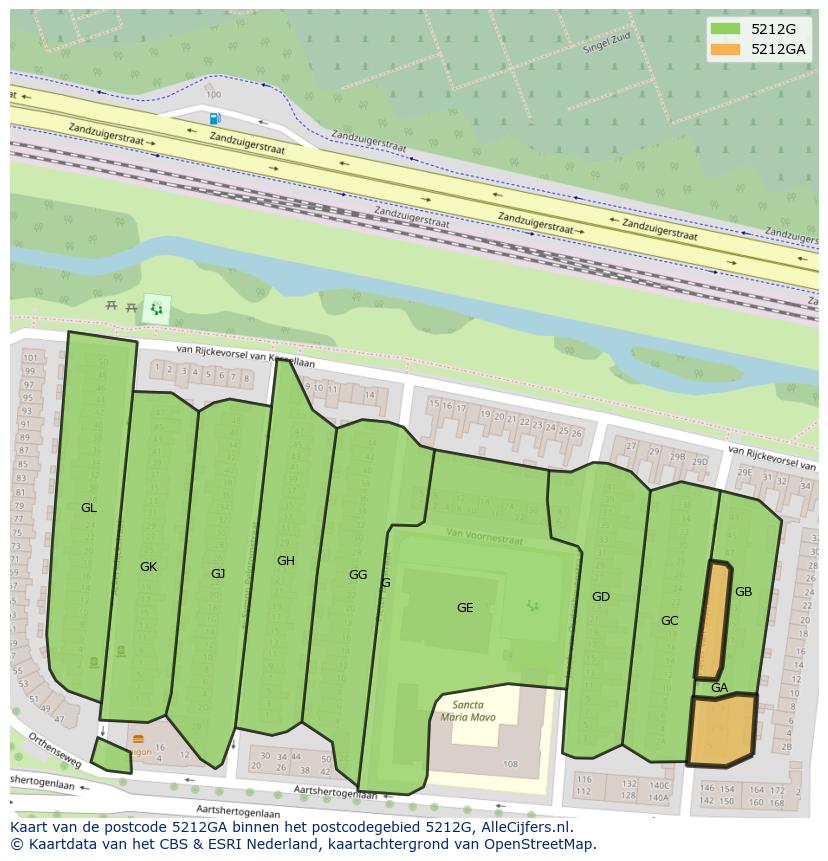 Afbeelding van het postcodegebied 5212 GA op de kaart.