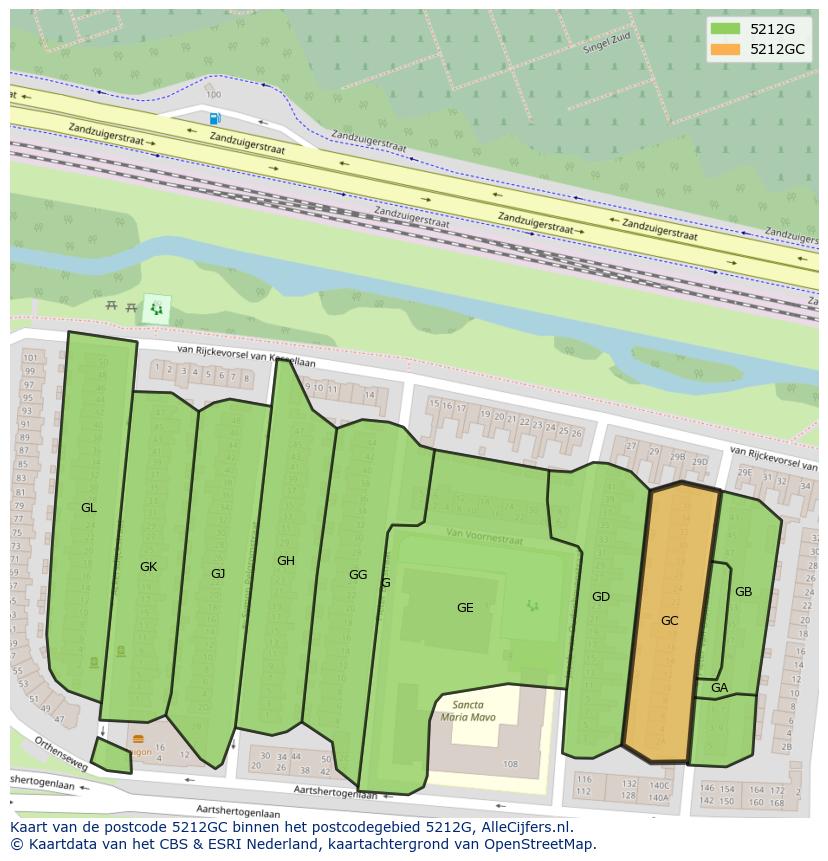Afbeelding van het postcodegebied 5212 GC op de kaart.