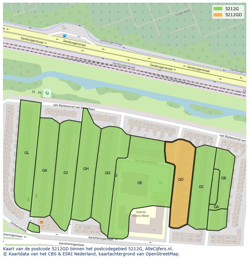 Afbeelding van het postcodegebied 5212 GD op de kaart.