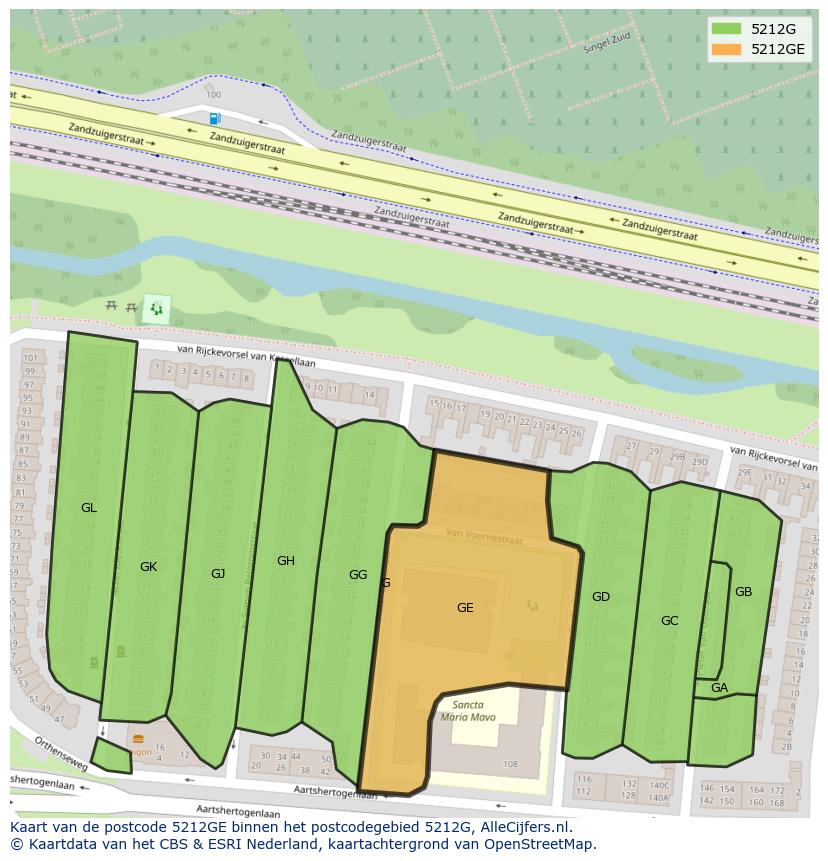 Afbeelding van het postcodegebied 5212 GE op de kaart.